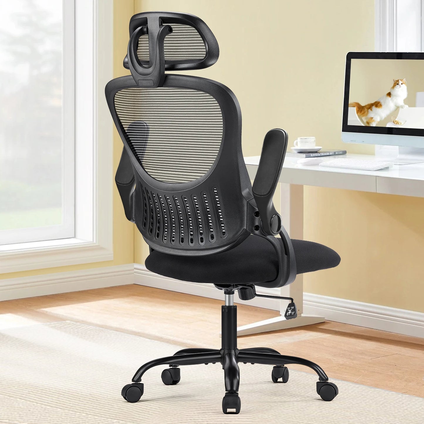 JHK Mesh Ergonomic Office Computer Desk Chair with Flip-Up Arms Adjustable Headrest Comfortable Lumbar Support for Home Office