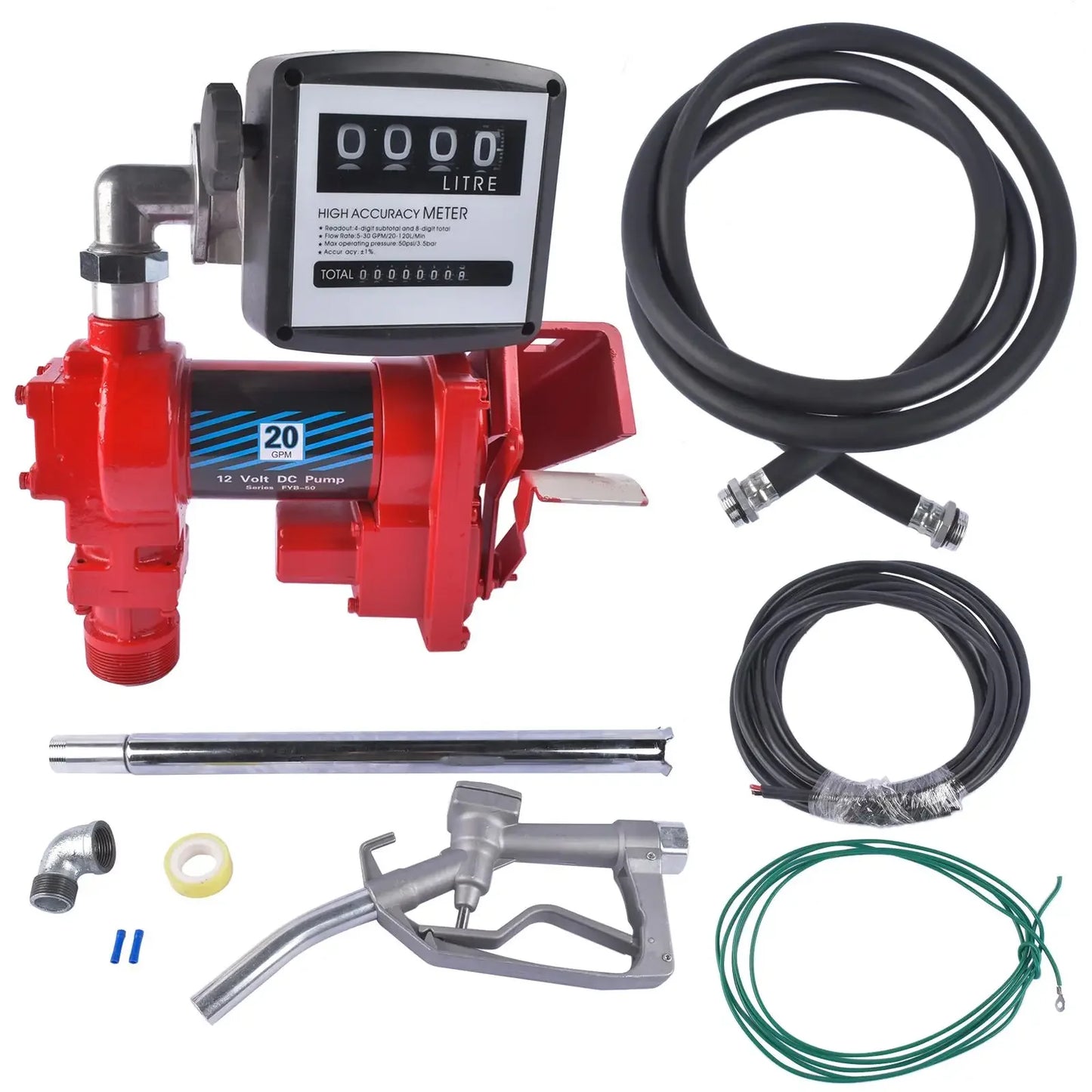 AP03 Red Fuel Transfer Pump 20GPM 12V for Gasoline Diesel with Oil Meter and Flange Elbow