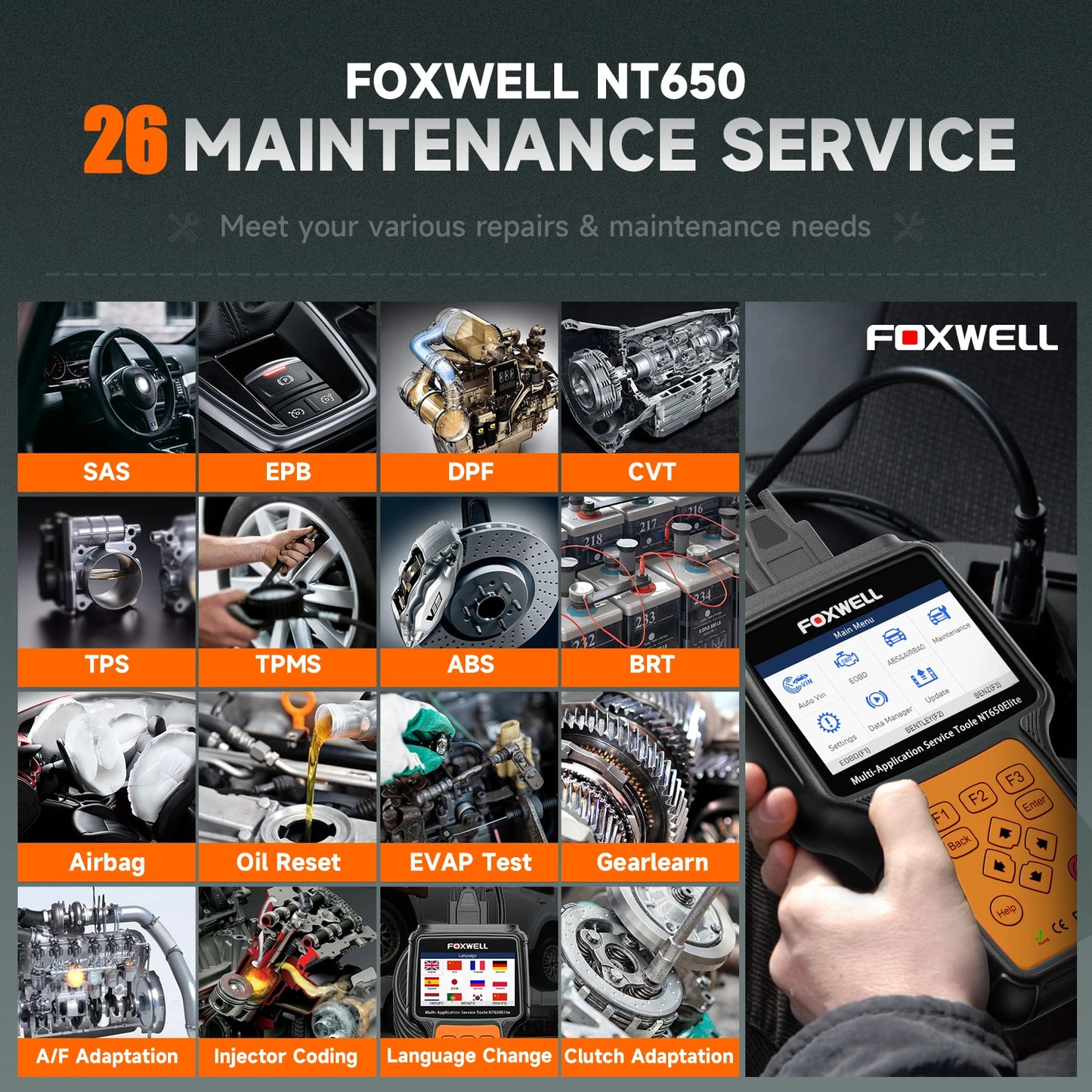 Foxwell NT650 Elite OBD2 Automotive Scanner SAS A/F Oil EPB BRT TPS 26 Plus Reset Professional Auto Car Diagnostic Tool