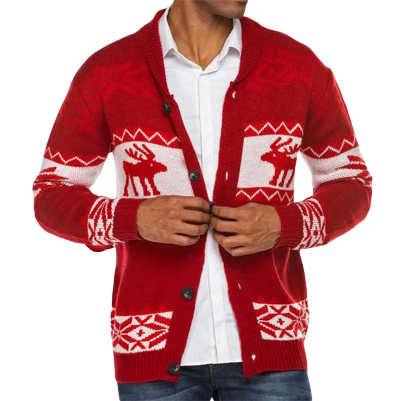 Men's Christmas Cardigan Casual Long Sleeve Shawl Collar Reindeer Snowflake Print Sweater