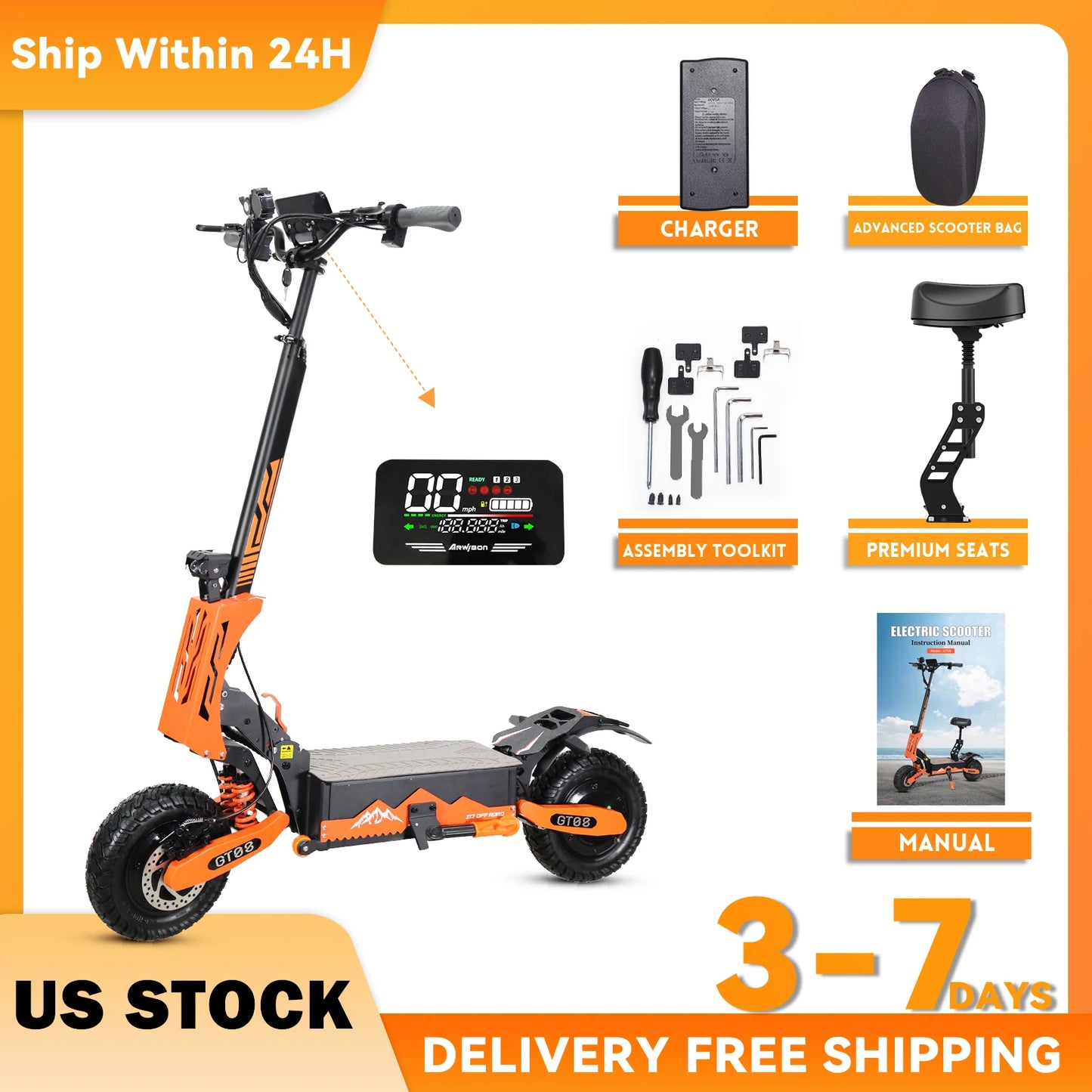 Arwibon 5600W Adult Electric Scooter Dual Motor Top Speed 46MPH 60V 27AH 11 Inch Off Road Tires Sport Folding eScooter with Seat