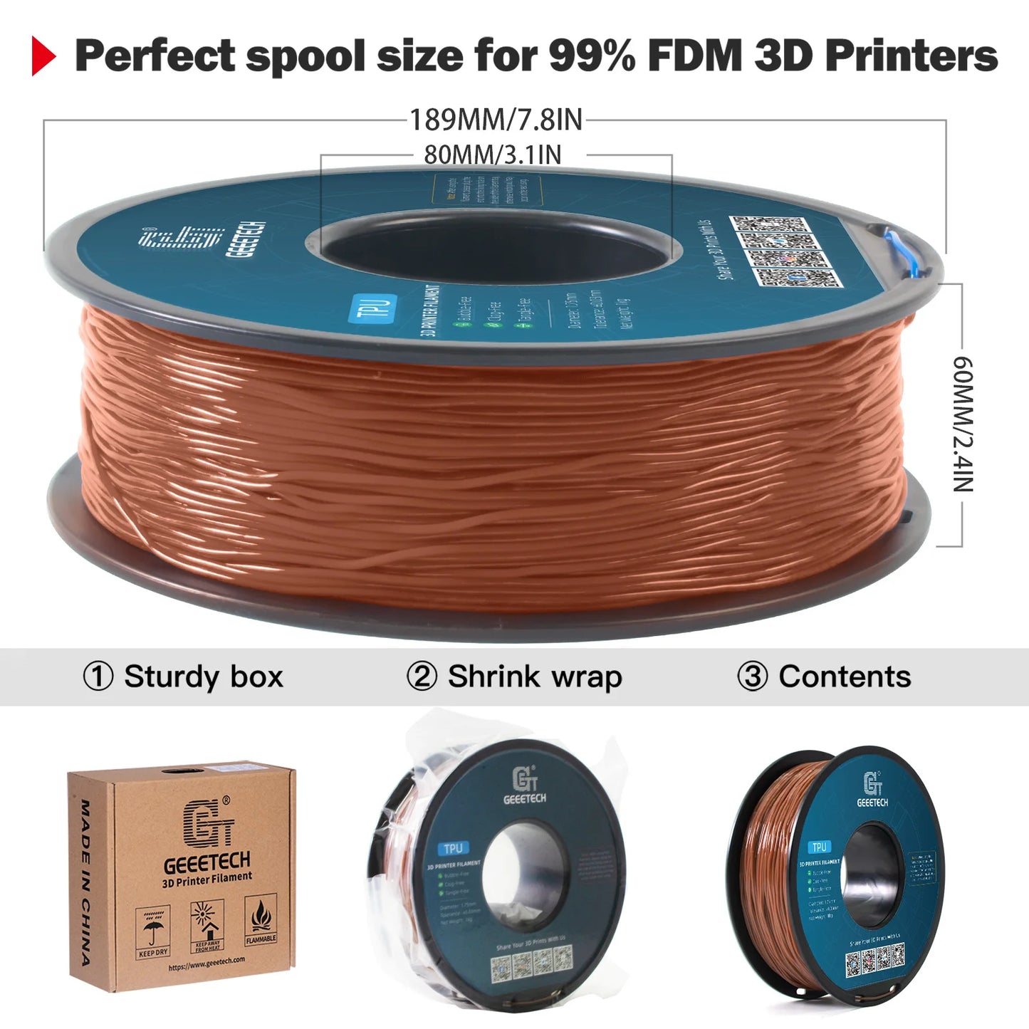 GEEETECH 10Kg TPU 3D Printer Filament 1kg 2.2LBS Spool 1.75mm Non-Toxic Vacuum Packaging Shore Hardness 95A