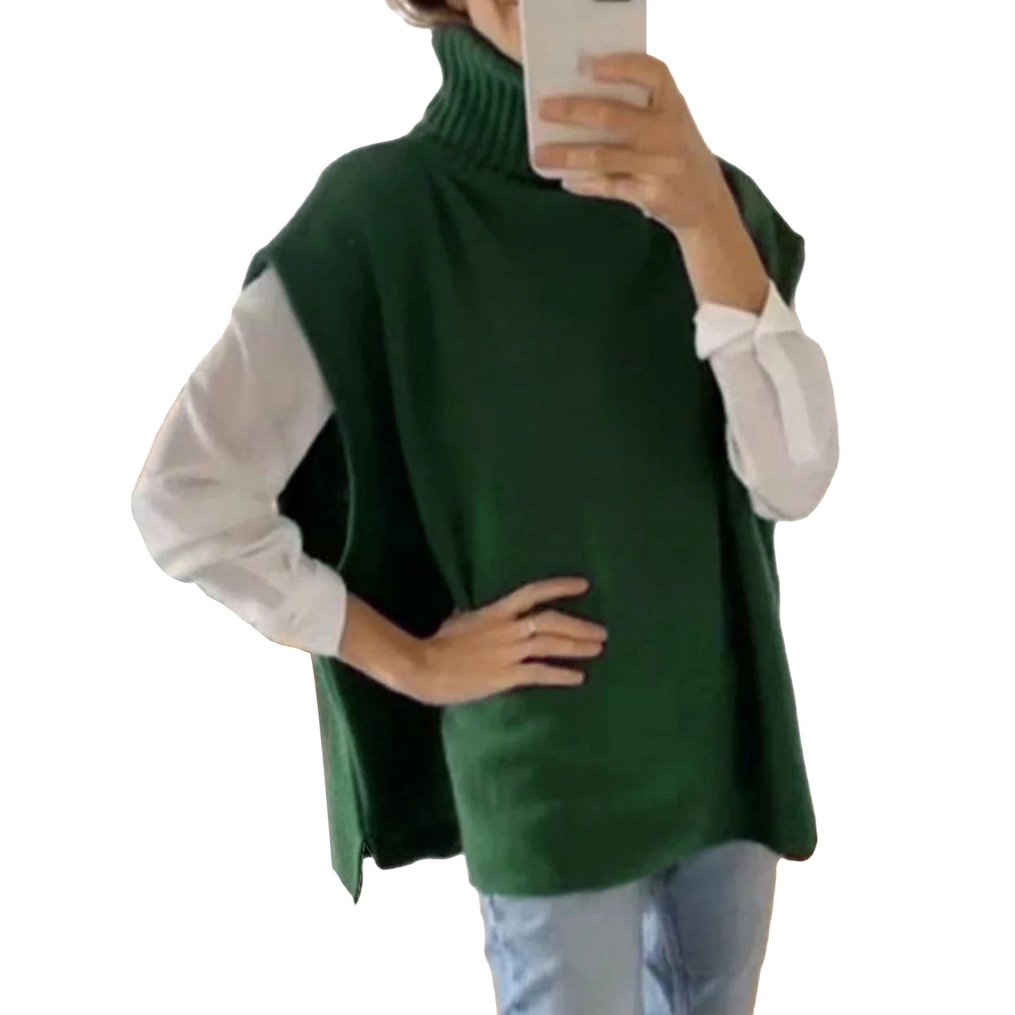 Women Knit Vest Sleeveless Turtleneck Solid Loose Tank Top Sweater Casual Daily Wear