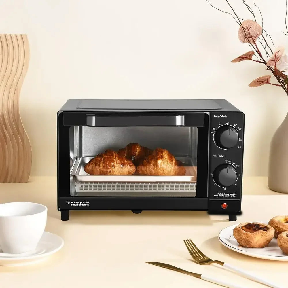 4 Slice Toaster Oven Bake Broil and Toast 9 Inch Pizza or 4 Bread Slices Quartz Heating Elements 60 Minute Timer 1050 Watt Power