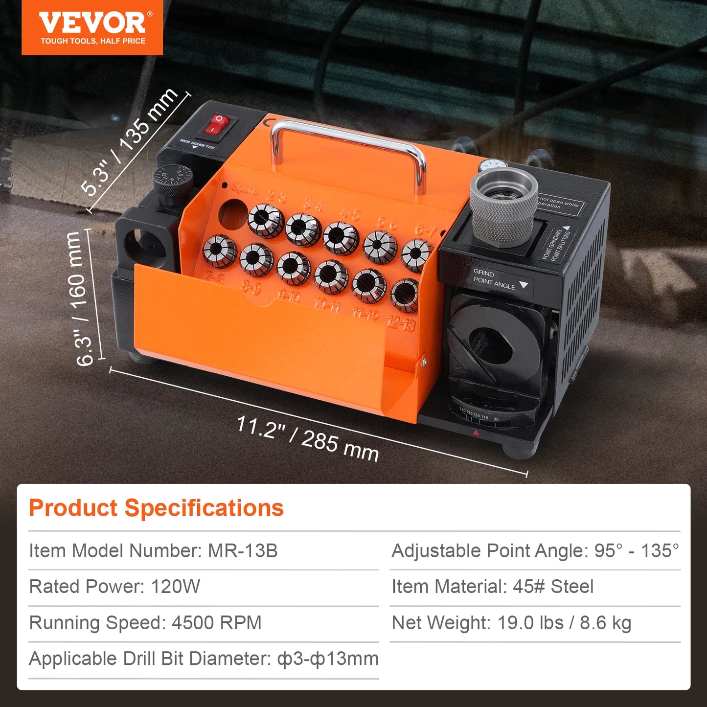 VEVOR Drill Bits Sharpener MR-13A MR-13B MR-20G Portable Mill Grinder with 18/11 Collets for Factory Workshop
