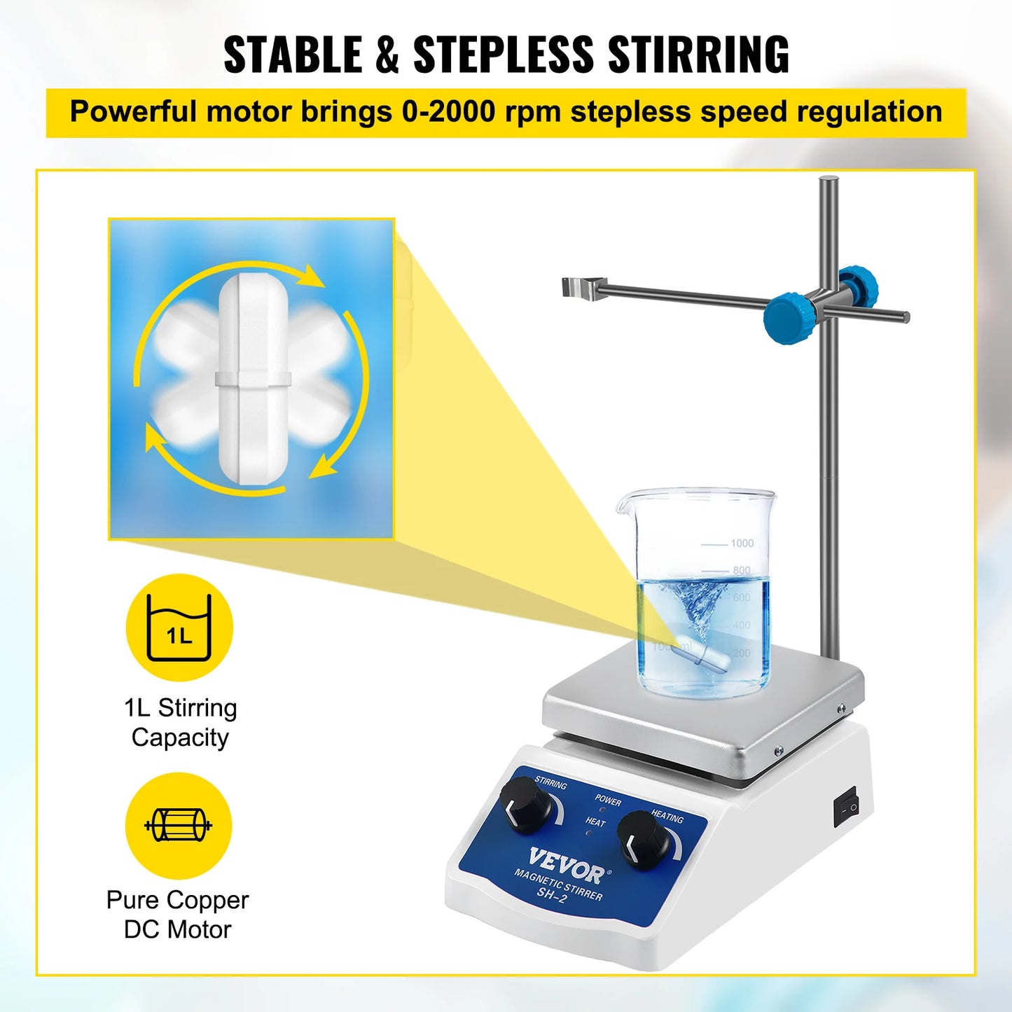 VEVOR 1000ML Electric Magnetic Stirrer Hot Plate Vortex Mixer Shaker with Stir Bar for Medical Biological Chemical Laboratory