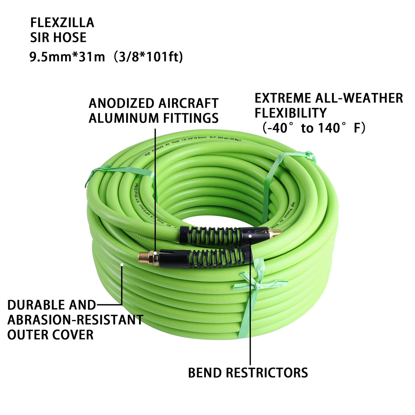 Air Hose 3/8 Inch Heavy Duty Lightweight Kink Resistant Flexible Compressor 300 PSI Working Pressure