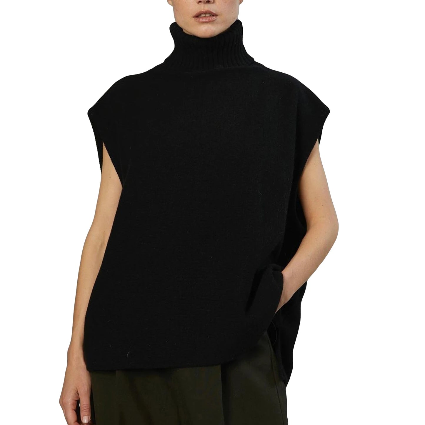 Women Knit Vest Sleeveless Turtleneck Solid Loose Tank Top Sweater Casual Daily Wear