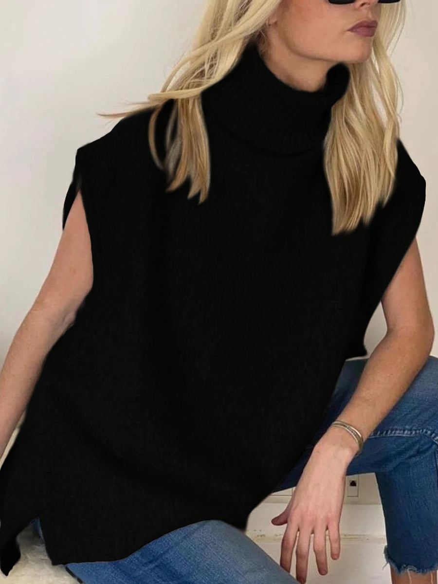 Women Knit Vest Sleeveless Turtleneck Solid Loose Tank Top Sweater Casual Daily Wear
