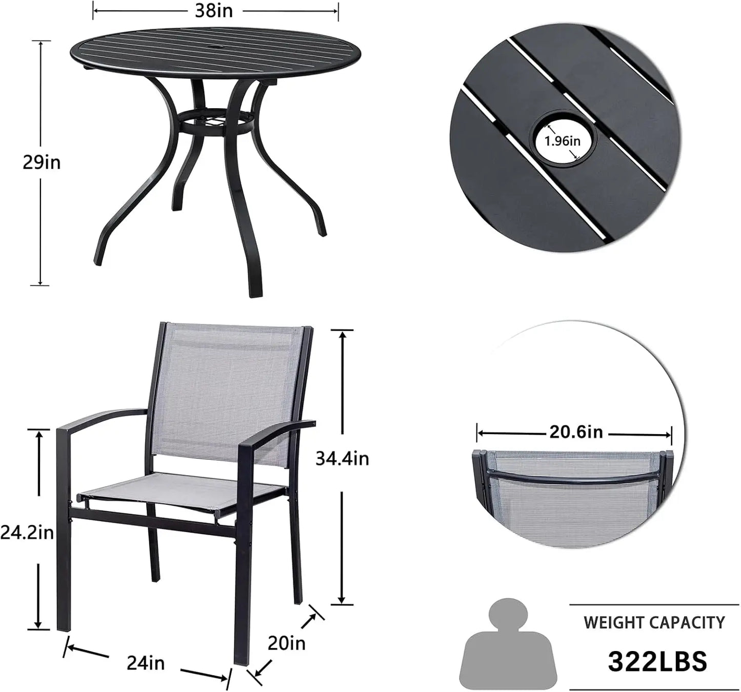 5 Piece Patio Dining Set Outdoor Furniture 4 Textilene Chairs and 1 Round 38 Inch Metal Slatted Table with 1.5 Inch Umbrella Hole