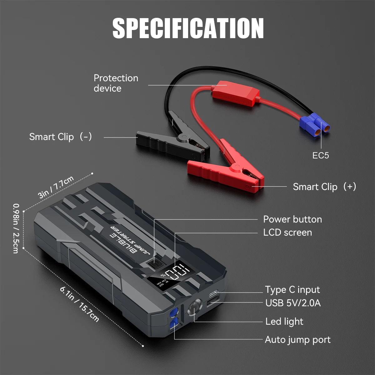 Biuble Car Jump Starter 3000A Peak 25000mAh 12V Auto Booster Battery Charger Jumper Box with Display