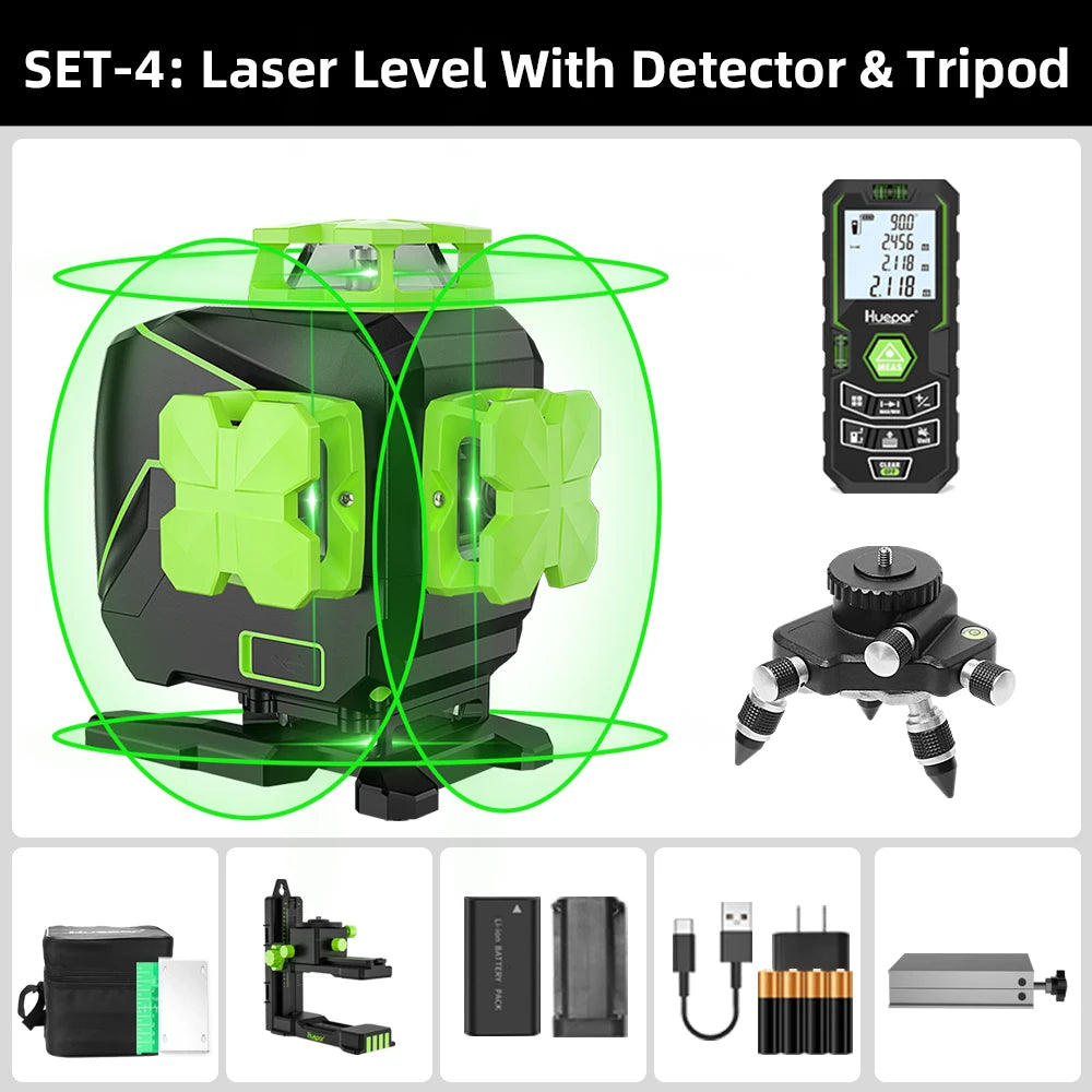 Huepar S04CG-LC 16 Lines Laser Level With Detector Tripod 4D Self Leveling Green Laser Leveling Tool