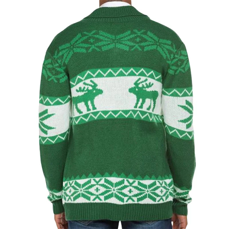 Men's Christmas Cardigan Casual Long Sleeve Shawl Collar Reindeer Snowflake Print Sweater