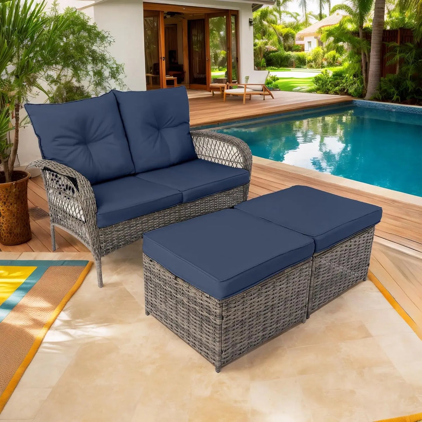 Outdoor Wicker Patio Set 3Pc Swivel Chairs With Loveseat