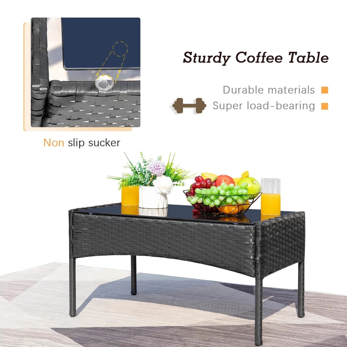 4 Pieces Patio Furniture Set Rattan Outdoor Wicker Sofa Garden Conversation Set with Soft Cushions and Glass Table