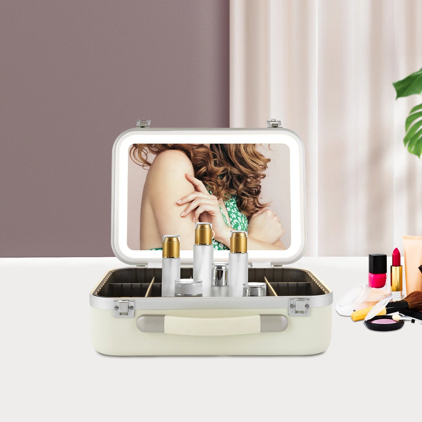 White Makeup Organizer Box with Upgraded Halogen Light and Mirror Premium Cosmetic Storage Case