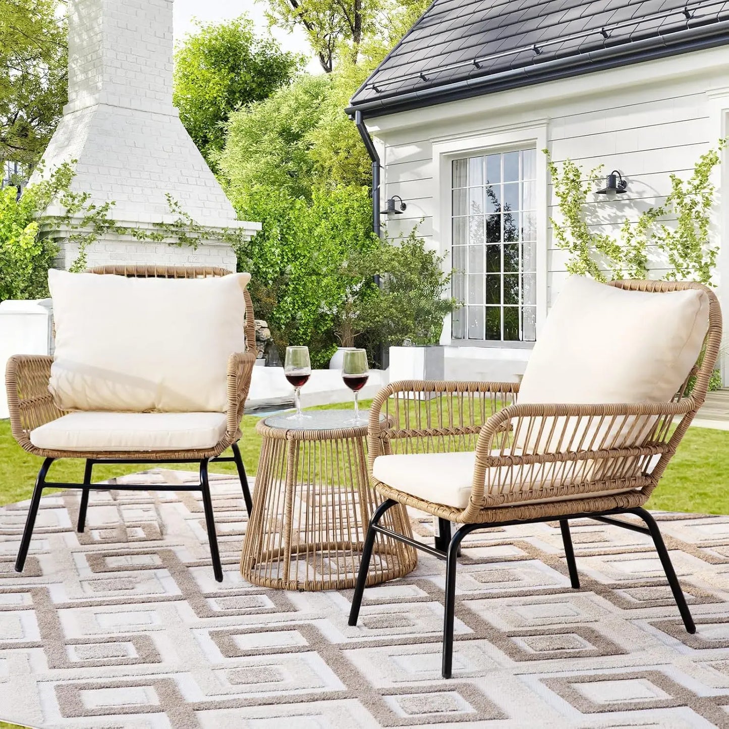 7 Piece Bohemian Style Outdoor Courtyard Sofa Set with Egg Chairs L Shaped Leisure Chairs and Beige Cushions