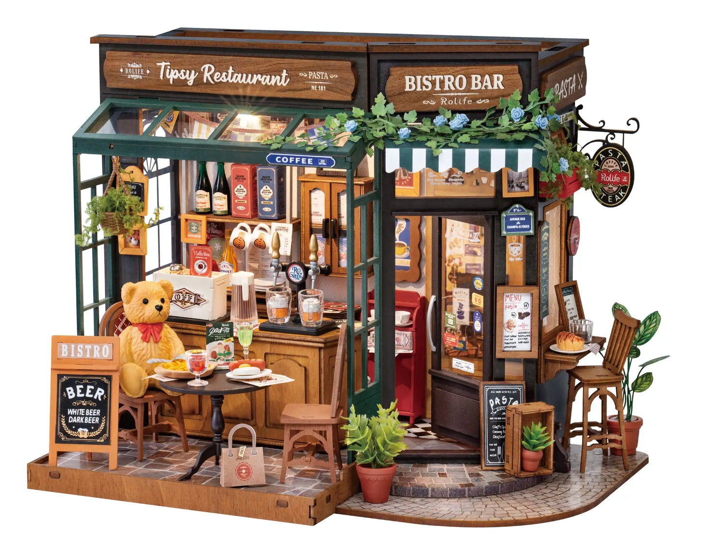 Robotime Rolife Tipsy Restaurant Miniature Dollhouse 3D Wooden Puzzle Bistro Bar Design Gifts for Home Decoration Toys