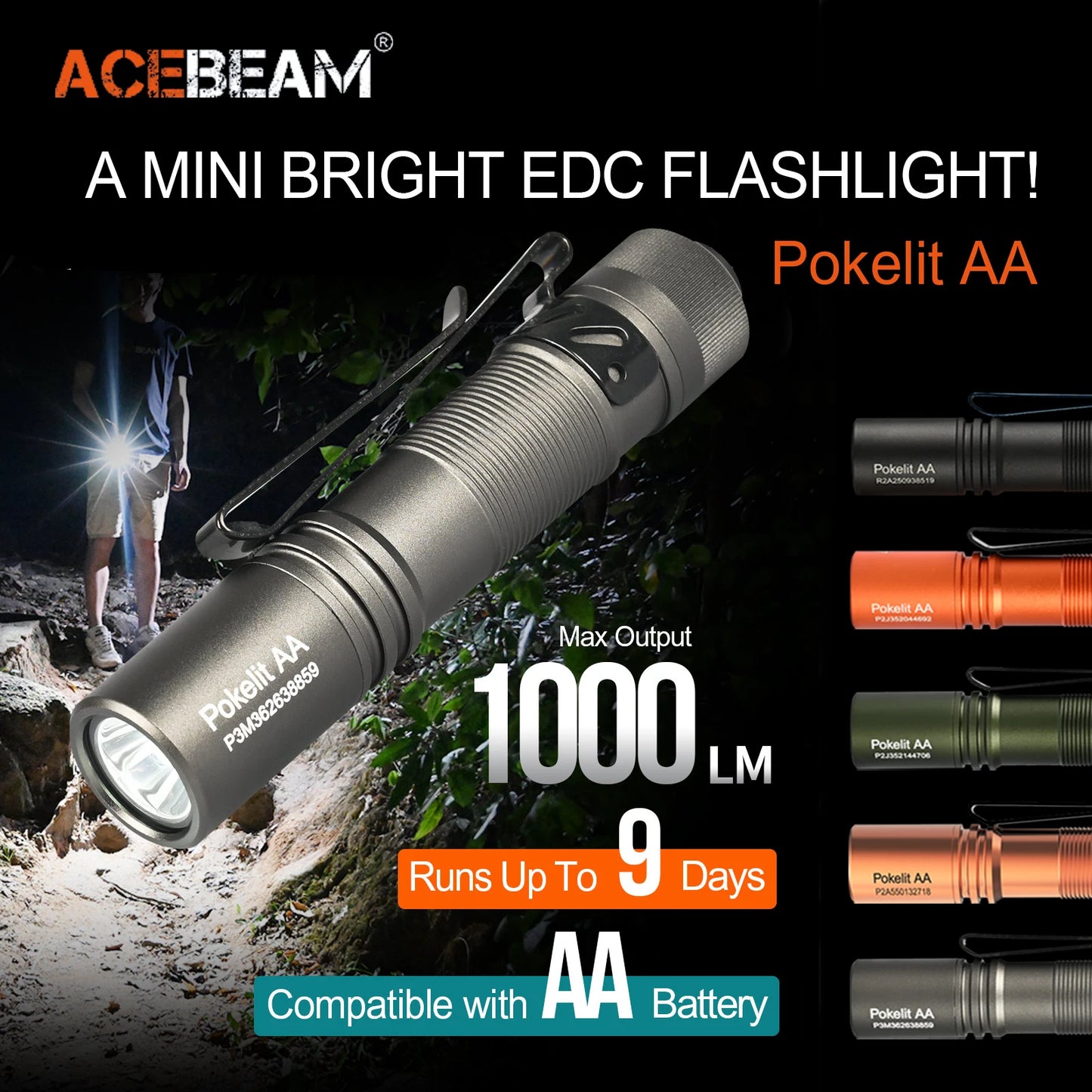 Acebeam Pokelit AA EDC Flashlight 1000 Lumens High CRI 90 USB C Rechargeable IP68 Small Pocket LED Flashlight for Everyday Carry