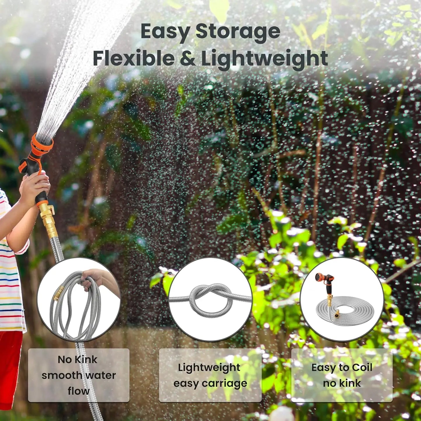 Giraffe Tools 5/8 Inch Garden Hose 304 Stainless Steel Metal Water Hose No Kink Garden Water Hose with 9 Pattern Spray Nozzle