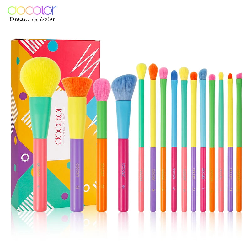 Docolor Colorful Makeup Brushes Set 15 Piece Cosmetic Foundation Powder Blush Eyeshadow Kabuki Blending Beauty Tool