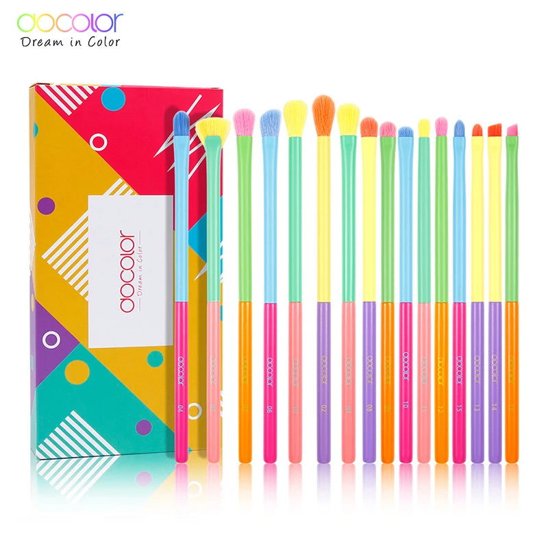 Docolor Colorful Makeup Brushes Set 15 Piece Cosmetic Foundation Powder Blush Eyeshadow Kabuki Blending Beauty Tool