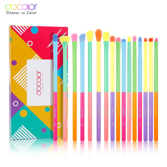 Docolor Colorful Makeup Brushes Set 15 Piece Cosmetic Foundation Powder Blush Eyeshadow Kabuki Blending Beauty Tool