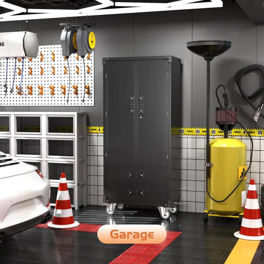 Metal Storage Cabinet With 2 Drawers Garage Tool On Wheels