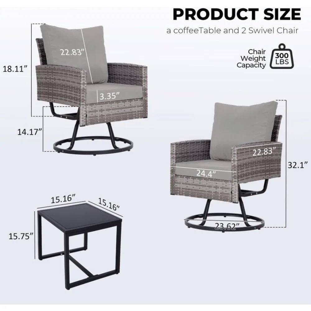 3 Piece Swivel Outdoor Patio Furniture Set With Glass Table