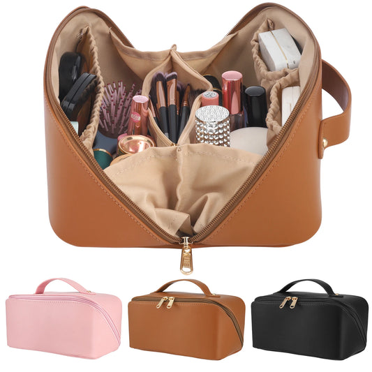 Travel Makeup Bag with Divider and Handle Portable PU Leather Waterproof Toiletry Bag Large Capacity Cosmetic Bags for Women