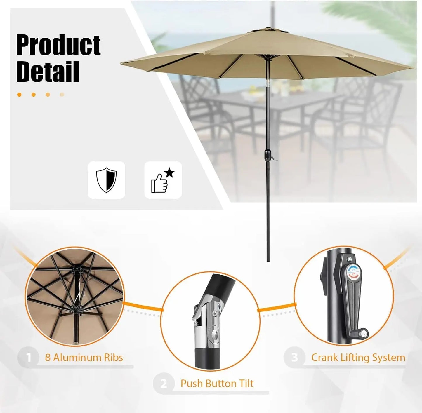 5 Piece Metal Outdoor Patio Furniture Dining Set with Brown Umbrella 4 Swivel Chairs and Square Table