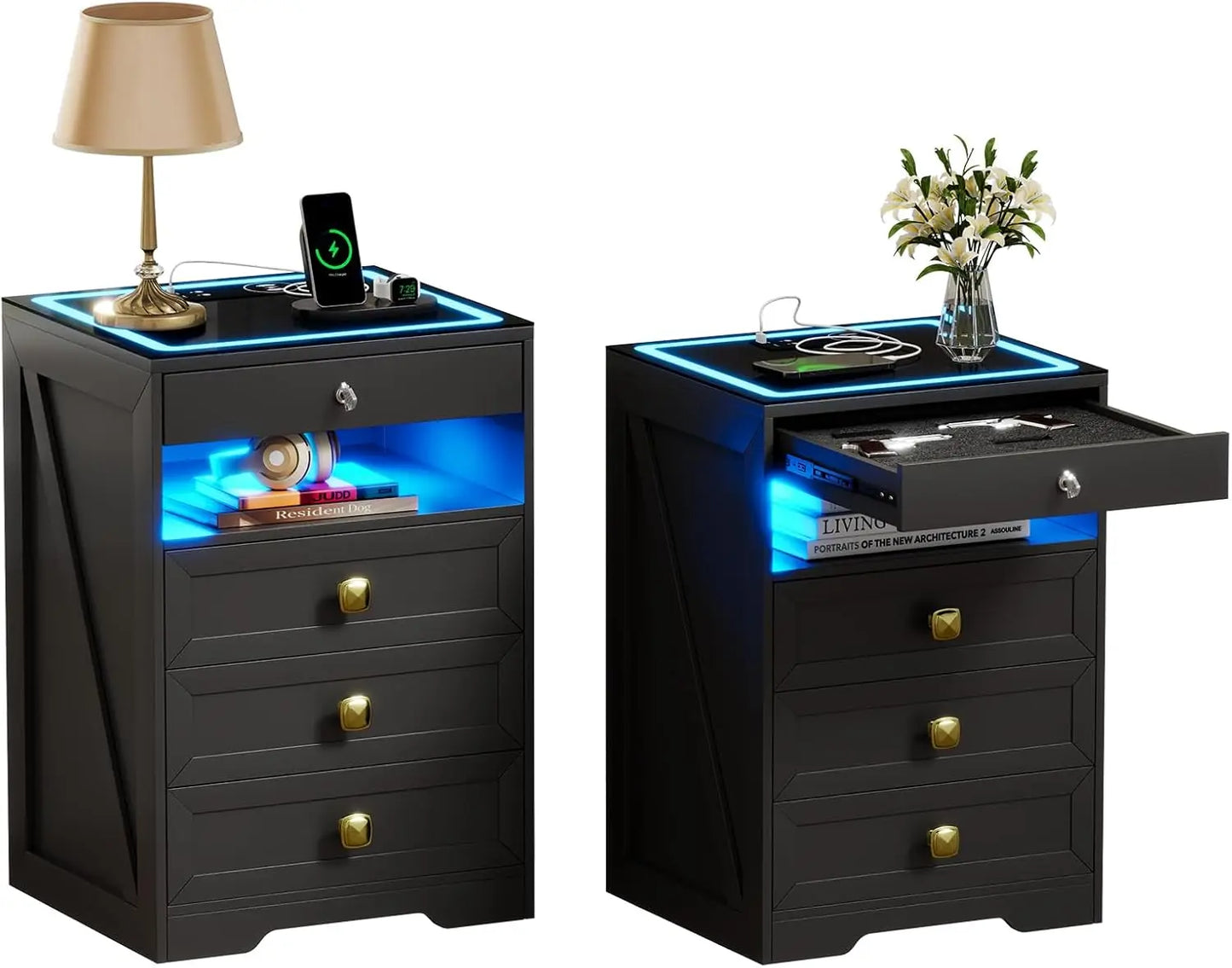 Night Stand Set 2 With Gun Drawer And Wireless Charging