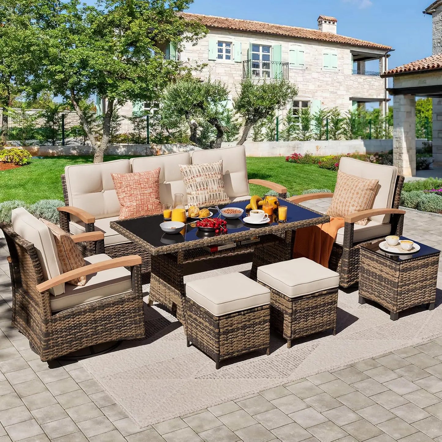 7 Piece PE Wicker Patio Set Outdoor Swivel Rocker Chairs
