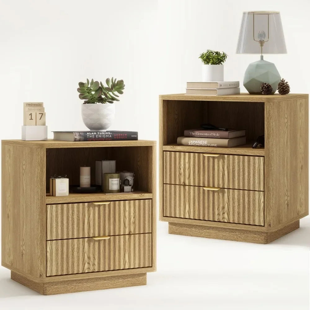 Fluted Nightstands Set Of 2 Brown Bedside Table With Drawers
