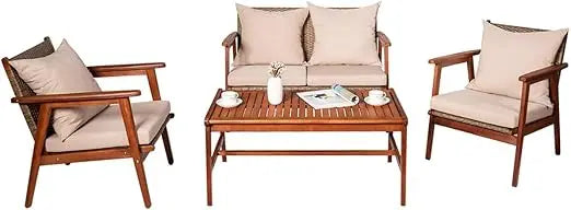 4 Piece Patio Wood Sofa Set With Cushions And Coffee Table