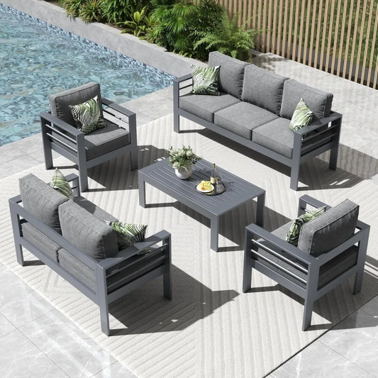 5 Pieces Modern Aluminum Patio Furniture Set Conversation Sets Metal Sectional Sofa with Coffee Table Garden Furniture Sets