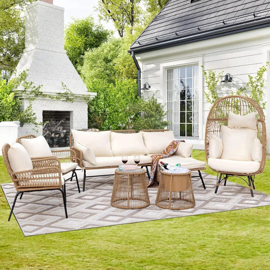 7 Piece Bohemian Style Outdoor Courtyard Sofa Set with Egg Chairs L Shaped Leisure Chairs and Beige Cushions