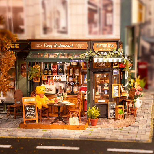 Robotime Rolife Tipsy Restaurant Miniature Dollhouse 3D Wooden Puzzle Bistro Bar Design Gifts for Home Decoration Toys