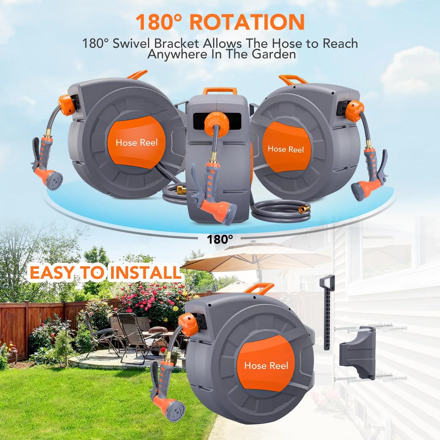Garden Retractable Hose Reel With Nine Function Sprayer 180 Degree Swivel Auto Rewind Durable Outdoor Watering System