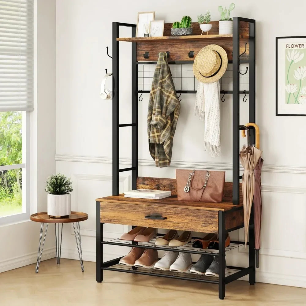 Industrial Entryway Coat Rack With Drawer And 12 Hooks