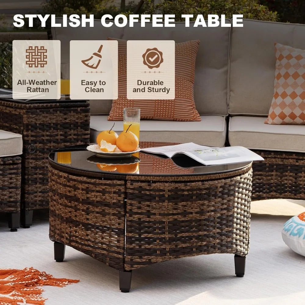 9 Piece Half Moon Outdoor Patio Rattan Sofa And Coffee Table