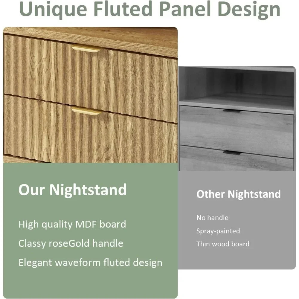 Fluted Nightstands Set Of 2 Brown Bedside Table With Drawers