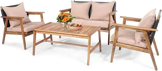 4 Piece Patio Set Acacia Wood Cushions And Coffee Table