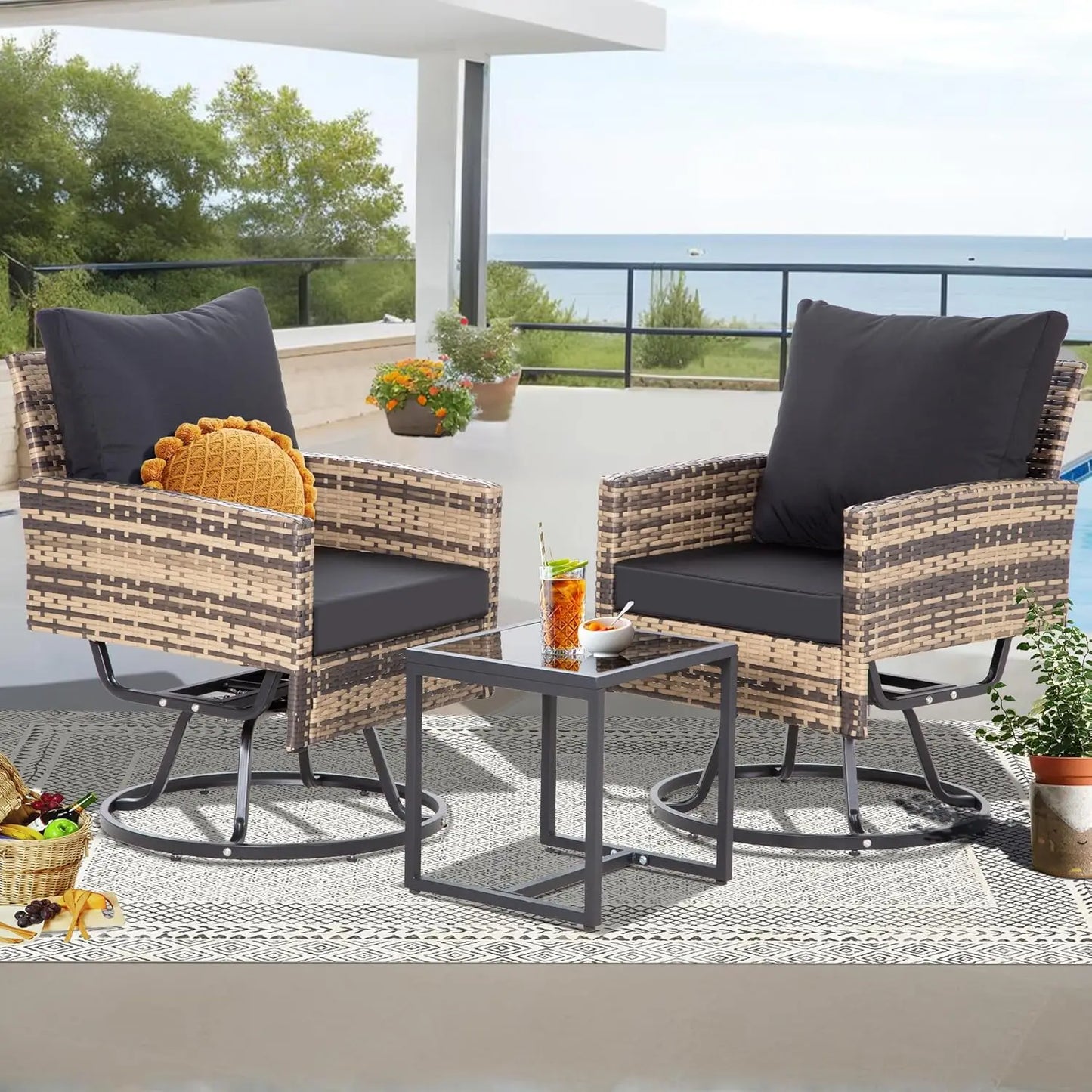 3 Piece Swivel Outdoor Patio Furniture Set With Glass Table
