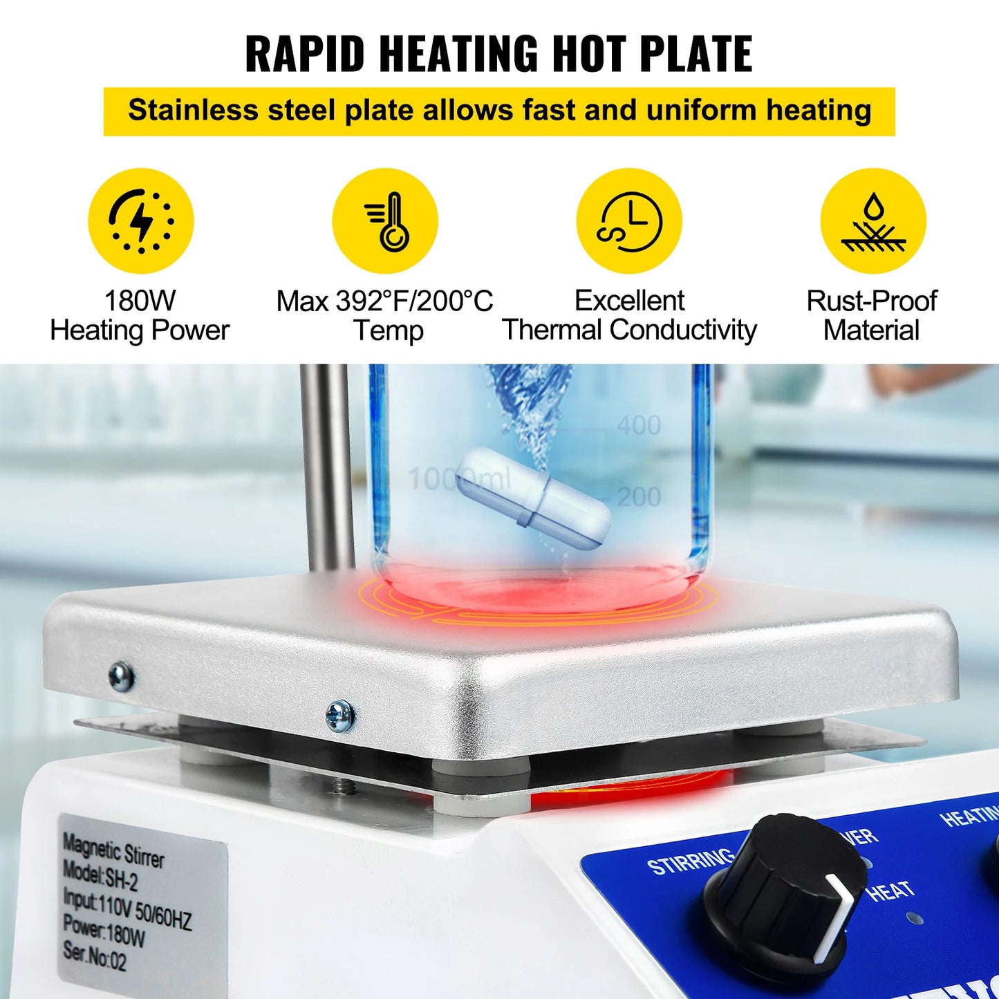 VEVOR 1000ML Electric Magnetic Stirrer Hot Plate Vortex Mixer Shaker with Stir Bar for Medical Biological Chemical Laboratory