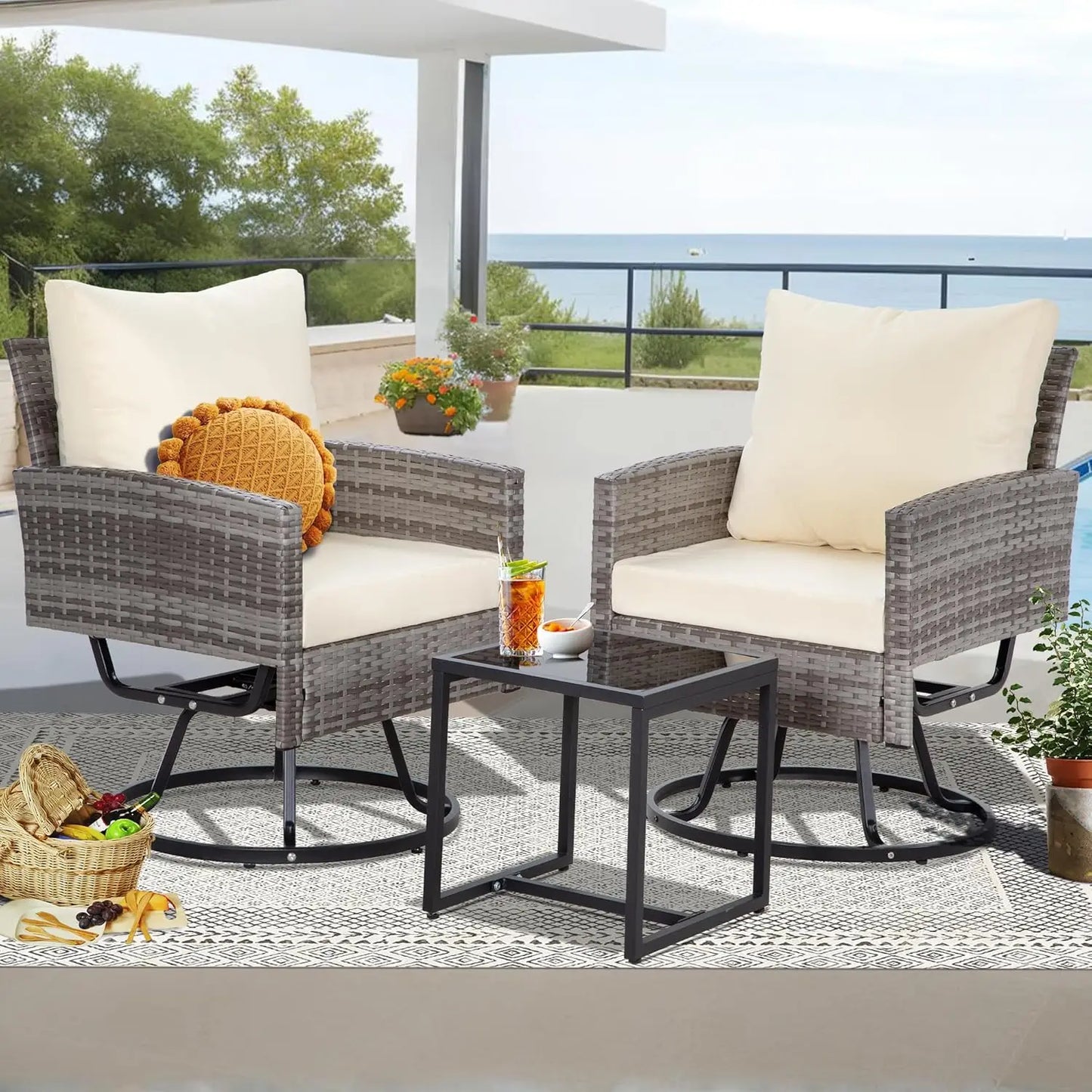 3 Piece Swivel Outdoor Patio Furniture Set With Glass Table