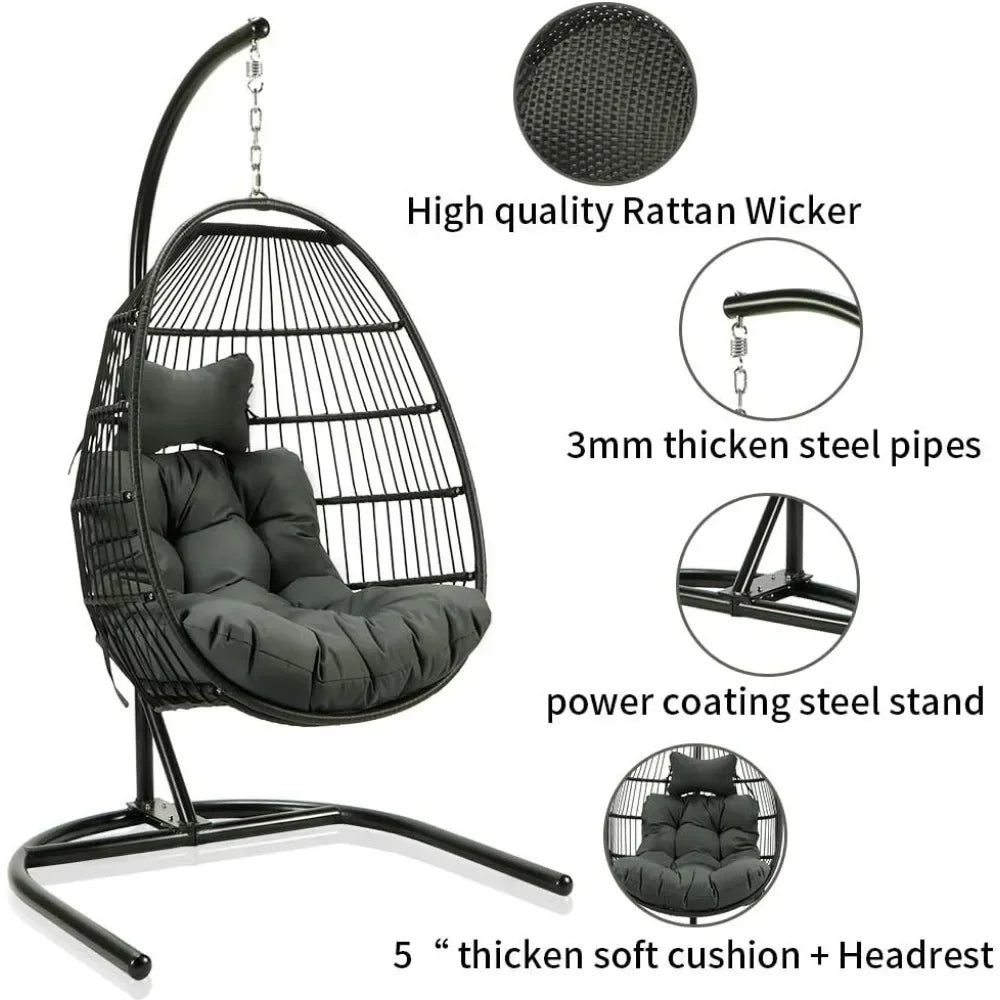 Swing Chair With Stand Foldable Rattan Wicker Egg Hammock Chair Cushion And Pillow For Patio Garden Outdoor