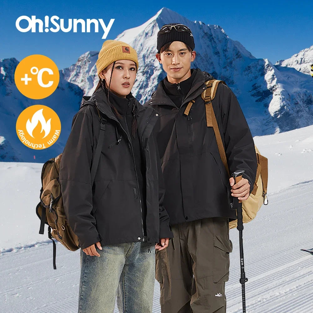 OhSunny Unisex Thermal Jackets Winter Plush Detachable Liner Camping Hiking 3 In 1 Soft Shell Coat Outdoor Windproof Waterproof