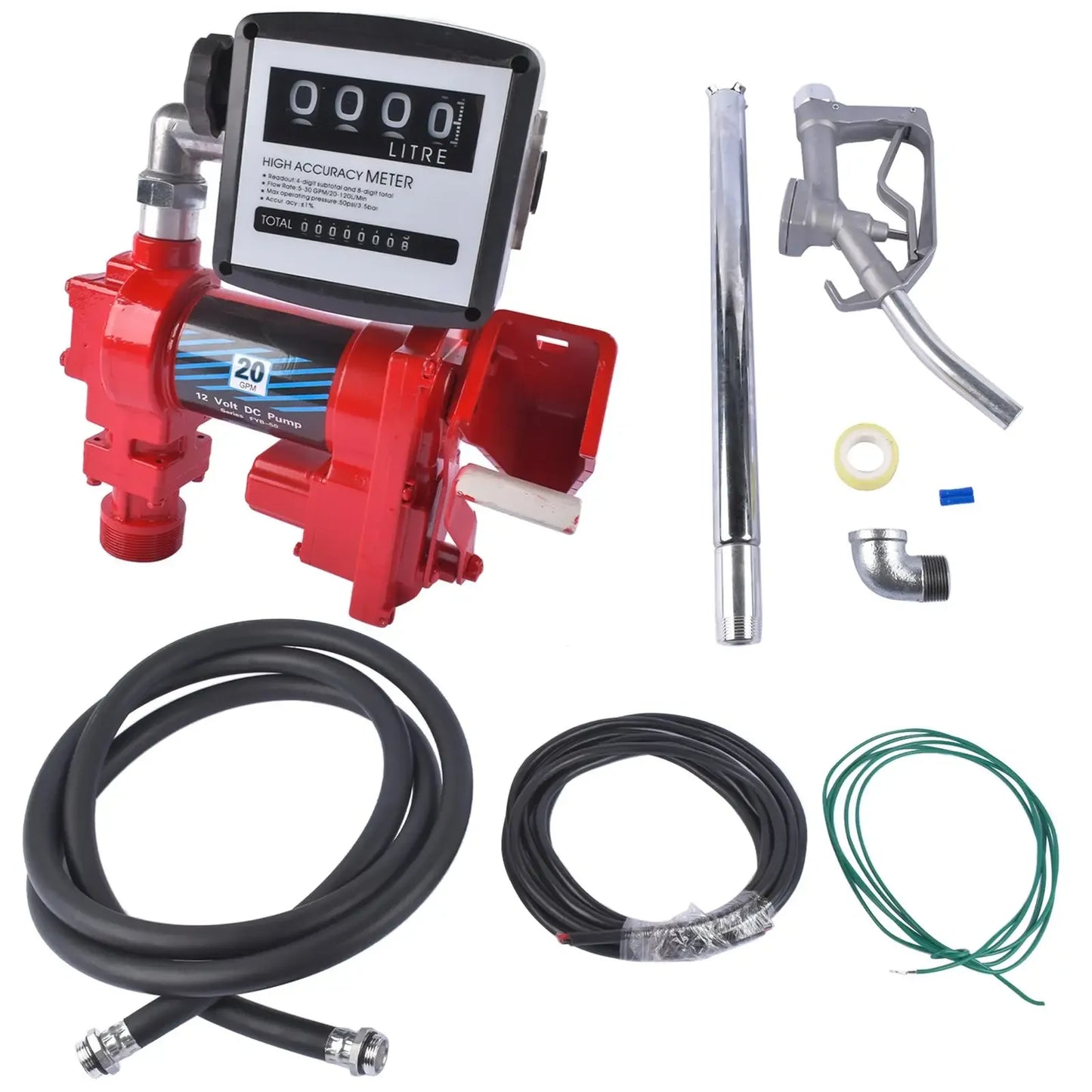 AP03 Red Fuel Transfer Pump 20GPM 12V for Gasoline Diesel with Oil Meter and Flange Elbow