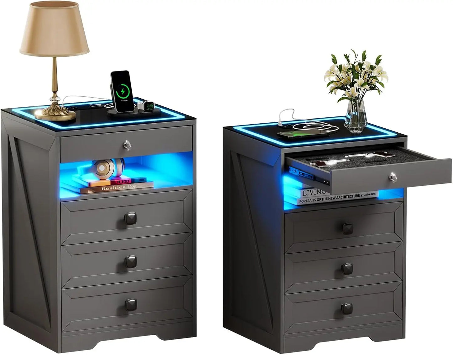 Night Stand Set 2 With Gun Drawer And Wireless Charging